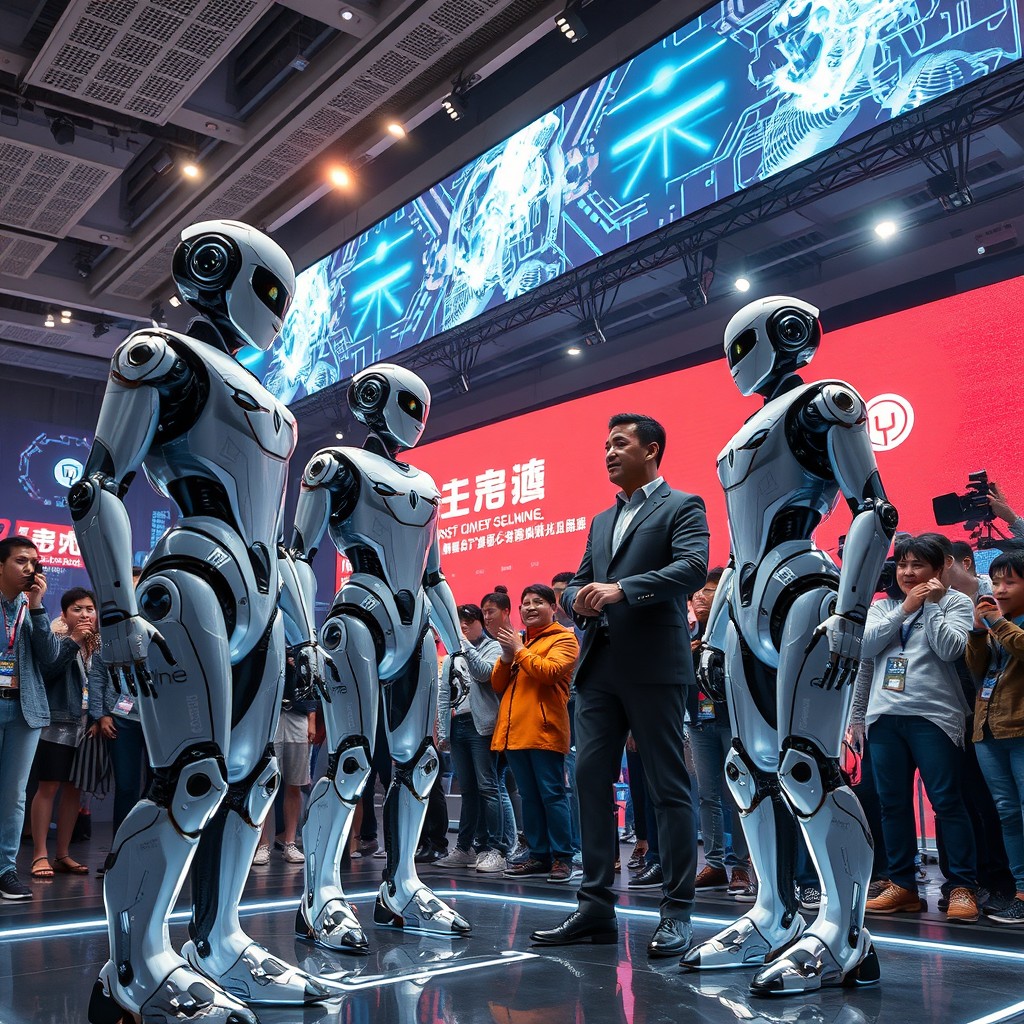 A dynamic and engaging scene depicting the launch of advanced humanoid robots in China
