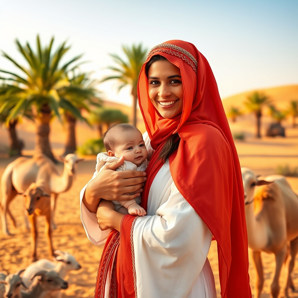 A Bedouin woman dressed in traditional attire, gently holding a baby in her arms, with a serene smile on her face