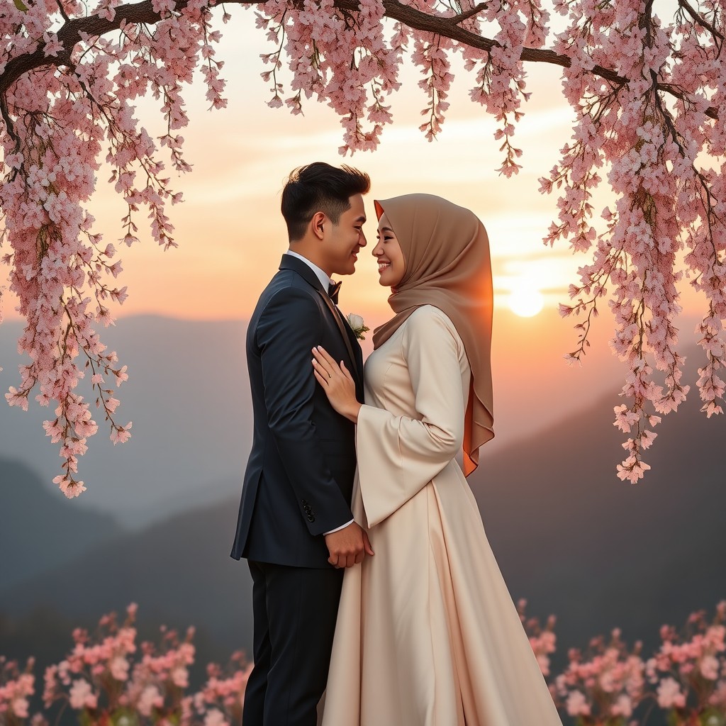 A romantic Muslim couple in an elegant wedding scene, with the groom wearing a dark navy tuxedo and the bride in a modest light beige long-sleeved dress, complemented by a matching hijab