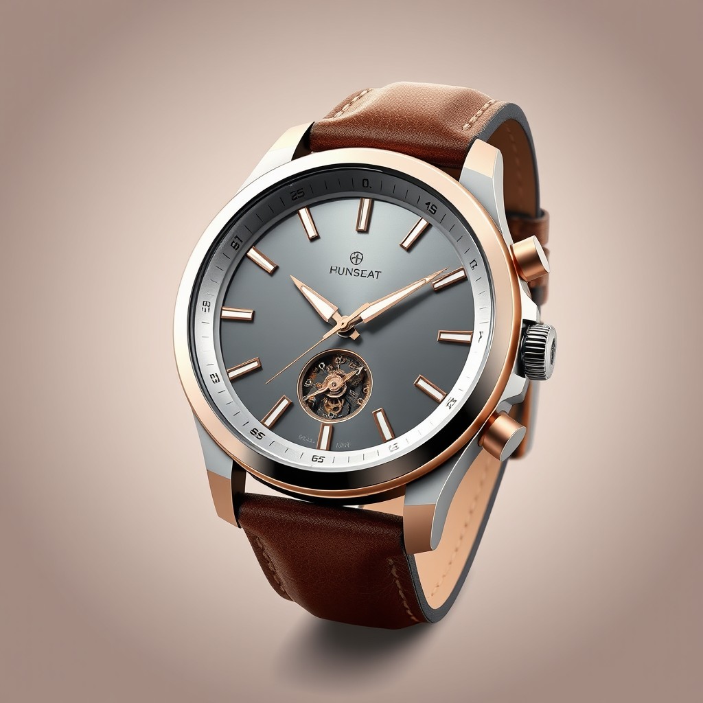 A sleek and modern watch design featuring a minimalistic face with a clean layout, metallic finish with hints of rose gold accents, ergonomic curved edges, and a durable leather strap