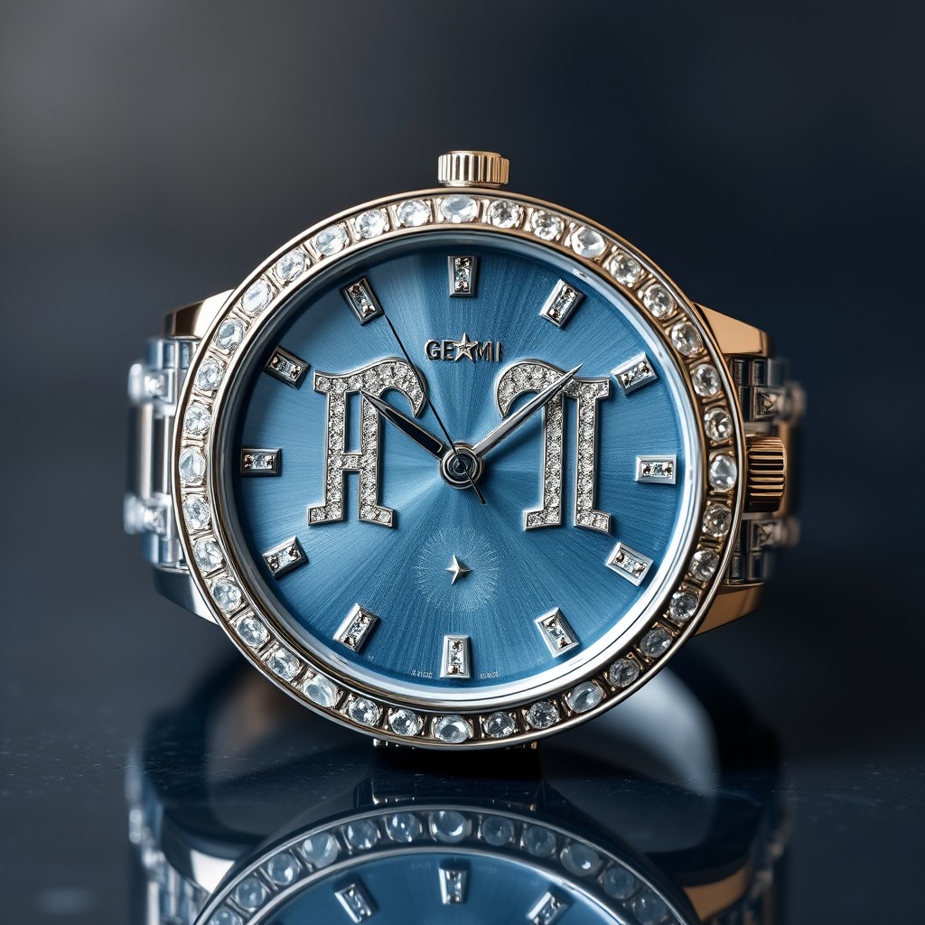 An exquisite watch dial design featuring a blue-grey color scheme, elegantly showcasing the Gemini zodiac sign