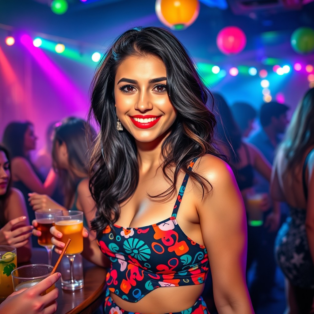 A vibrant and lively scene featuring a 21-year-old Lebanese woman enjoying a night out at a lively party