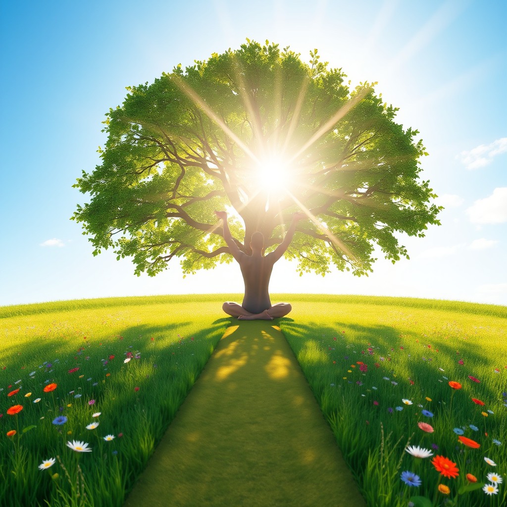 A serene and uplifting image symbolizing personal growth, featuring a vibrant tree with lush green leaves, its branches reaching upwards towards a bright blue sky
