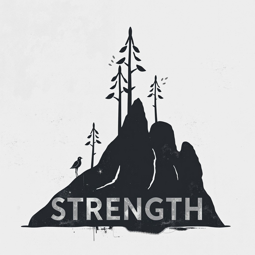 A symbolic representation of personal growth and strength, featuring an abstract design that incorporates elements like stylized trees reaching upwards, symbolizing growth, and strong rock formations, conveying resilience