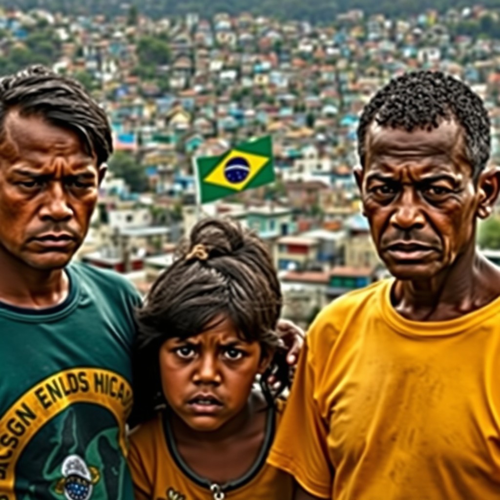 A poignant scene depicting a Brazilian family from a community, showing expressions of sadness