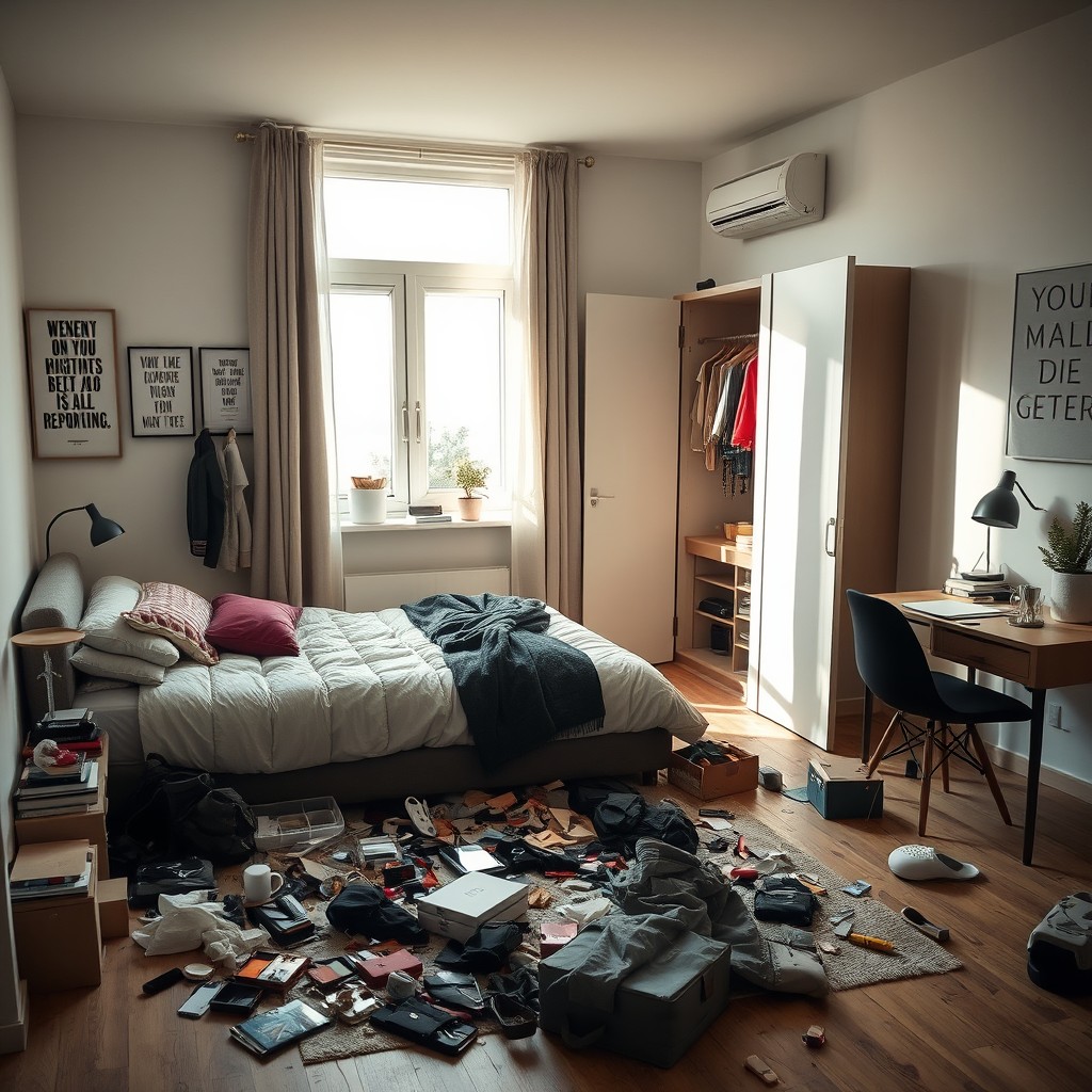A modern young woman's bedroom that has just been ransacked after a robbery, showcasing an unsettling scene