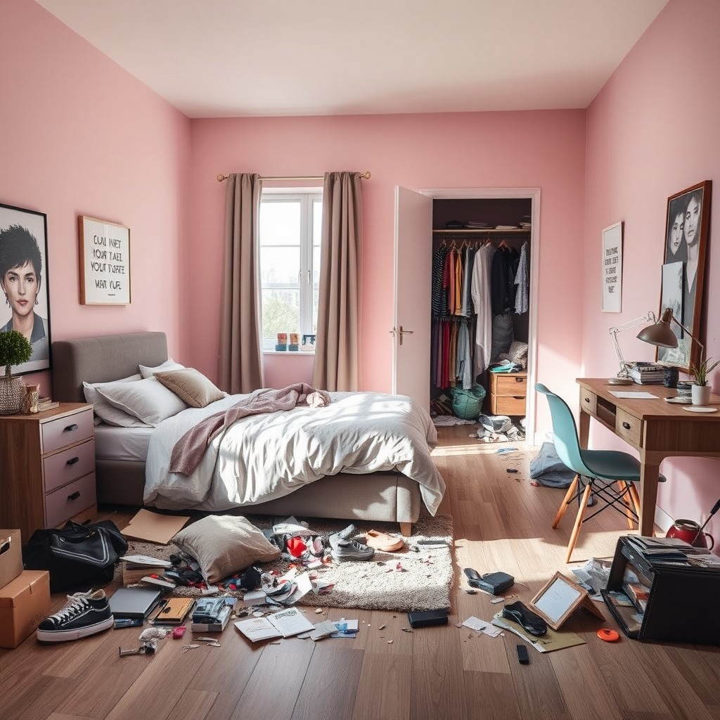 A modern young woman's bedroom that has just been ransacked after a robbery, showcasing an unsettling scene