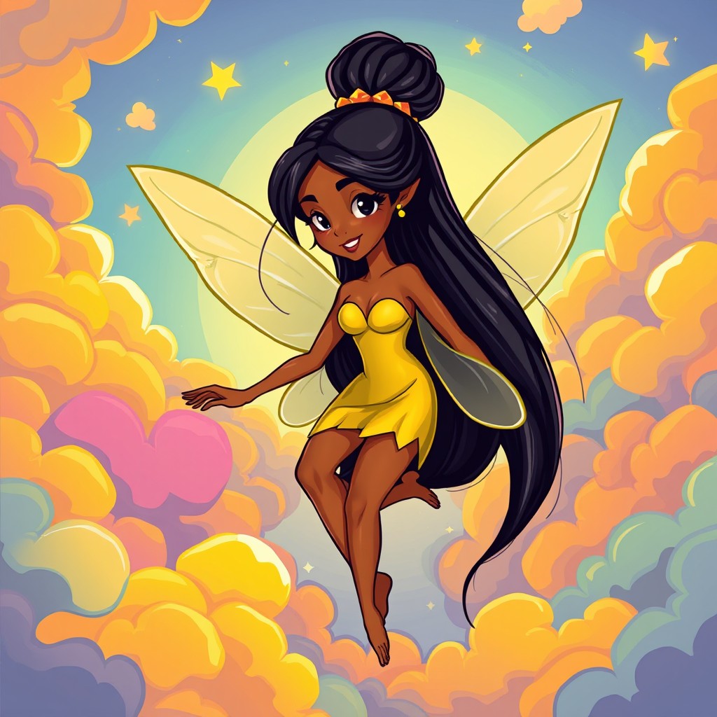 A Brazilian fairy woman portrayed in a vibrant, slightly cartoony art style with clean, defined outlines and vivid, saturated colors