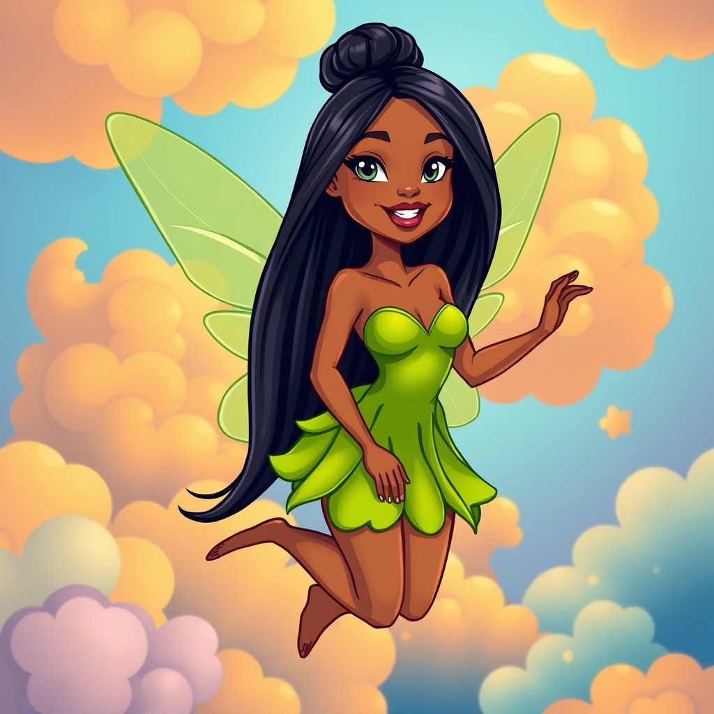 A Brazilian fairy woman depicted in a vibrant, slightly cartoony art style featuring clean, defined outlines and vivid, saturated colors