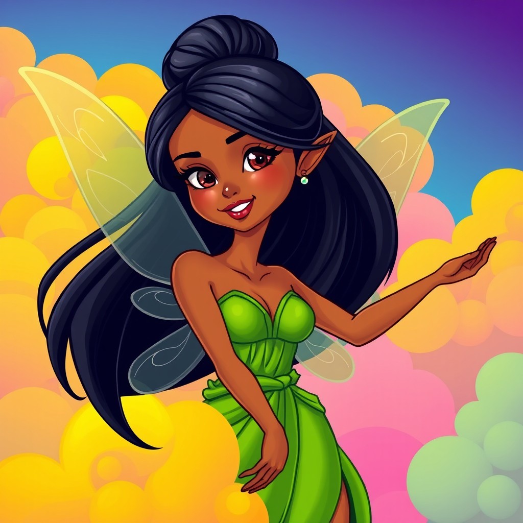 A Brazilian fairy woman depicted in a vibrant, slightly cartoony art style featuring clean, defined outlines and vivid, saturated colors
