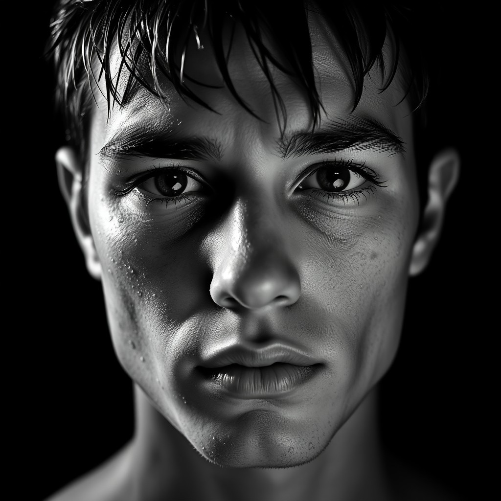 A high contrast, super close portrait of a person's face focusing on the front head