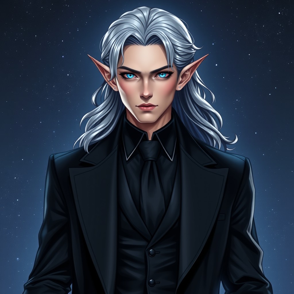 A portrait of a male astral elf, elegantly dressed in a stylish black three-piece suit paired with a long coat