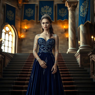 A regal woman stands at the base of a set of elegant stairs, dressed in an exquisite flowing blue gown made of rich velvet or silk