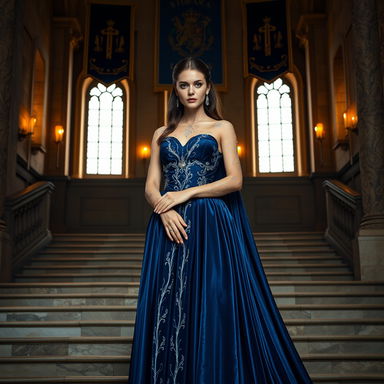 A regal woman stands at the base of a set of elegant stairs, dressed in an exquisite flowing blue gown made of rich velvet or silk