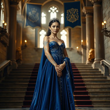 A regal woman stands at the base of a set of elegant stairs, dressed in an exquisite flowing blue gown made of rich velvet or silk