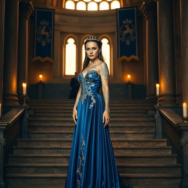 A regal woman stands at the base of a set of elegant stairs, dressed in an exquisite flowing blue gown made of rich velvet or silk