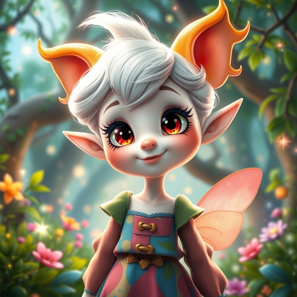 Enchanting Surreal Character Design: Playful Sprite in a Magical Forest