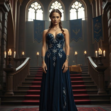 A regal woman standing confidently at the base of an elegantly designed staircase, dressed in a flowing blue gown made of luxurious velvet with intricate silver embroidery that reflects her fine silver scars