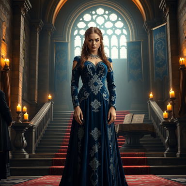 A regal woman standing confidently at the base of an elegantly designed staircase, dressed in a flowing blue gown made of luxurious velvet with intricate silver embroidery that reflects her fine silver scars