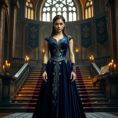 A regal woman standing confidently at the base of an elegantly designed staircase, dressed in a flowing blue gown made of luxurious velvet with intricate silver embroidery that reflects her fine silver scars