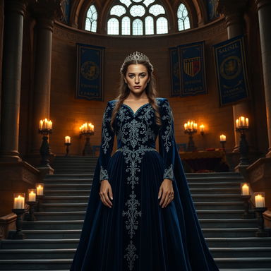 A regal woman standing confidently at the base of an elegantly designed staircase, dressed in a flowing blue gown made of luxurious velvet with intricate silver embroidery that reflects her fine silver scars