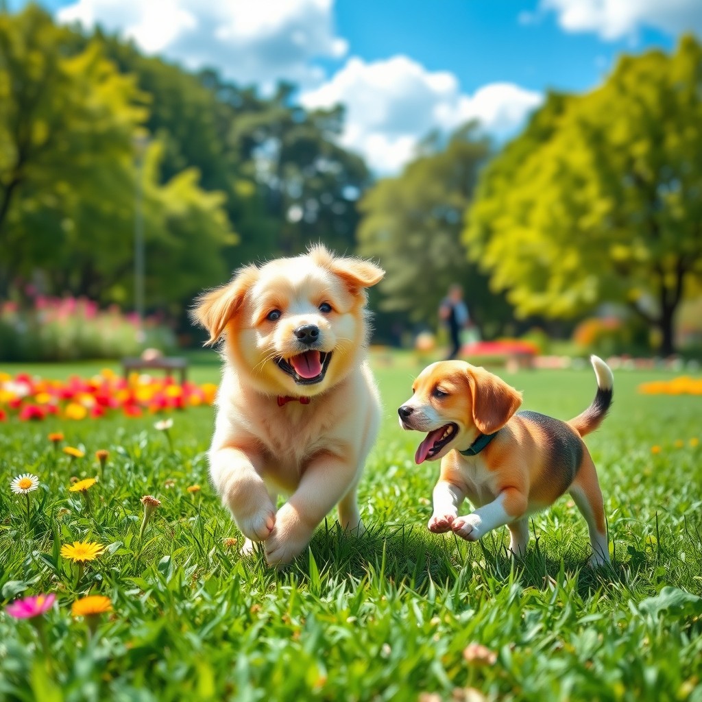 Two cute little dogs joyfully playing together in a vibrant park filled with colorful flowers and lush green grass