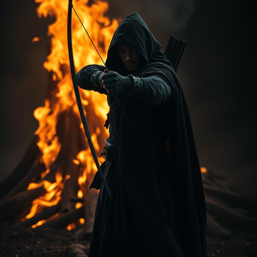 A dark and mysterious archer dressed in a flowing black cloak with a hood, expertly drawing a bow