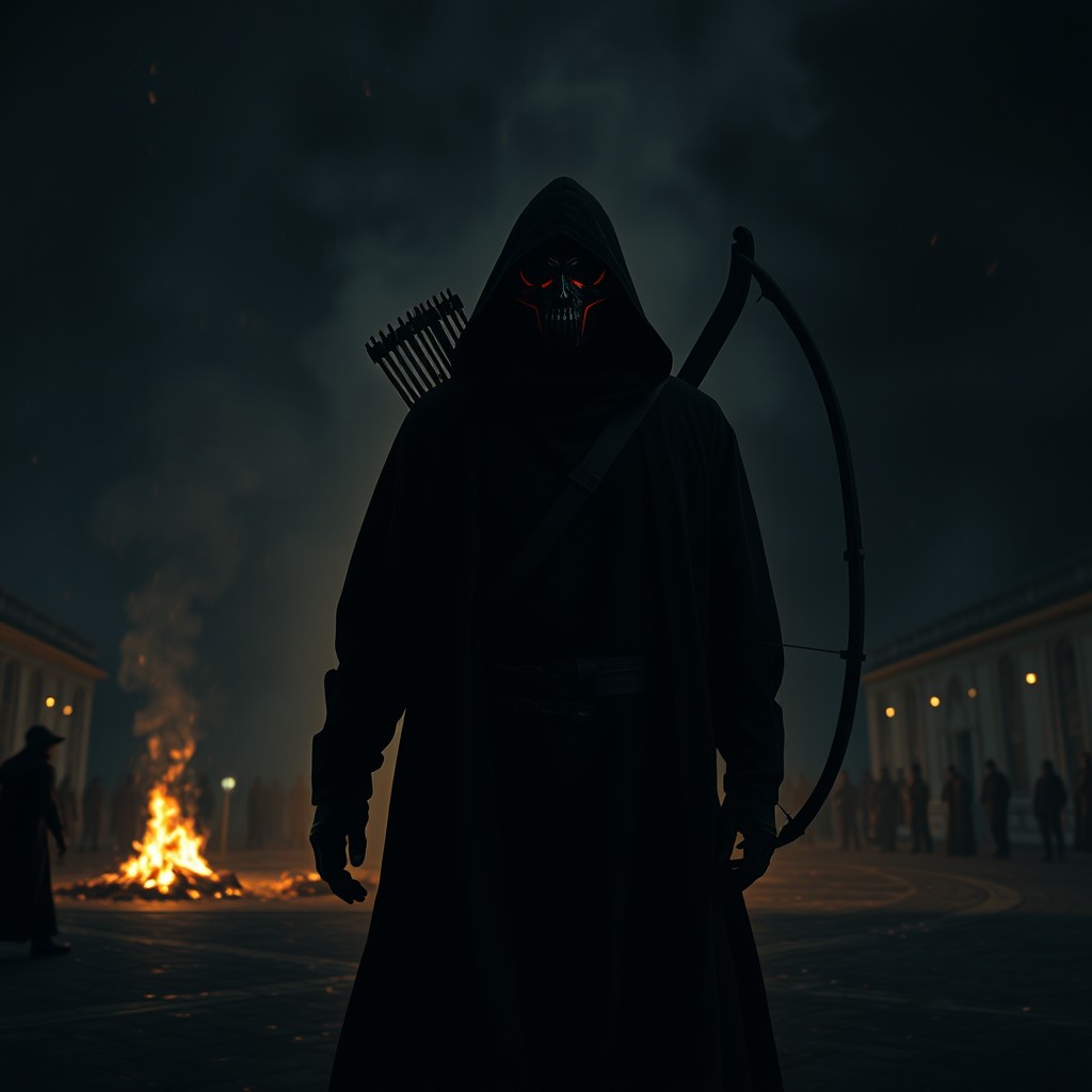 A mysterious archer wearing a black mask with red highlights, dressed in a long black hooded cloak, walking away from a central square where a giant bonfire blazes