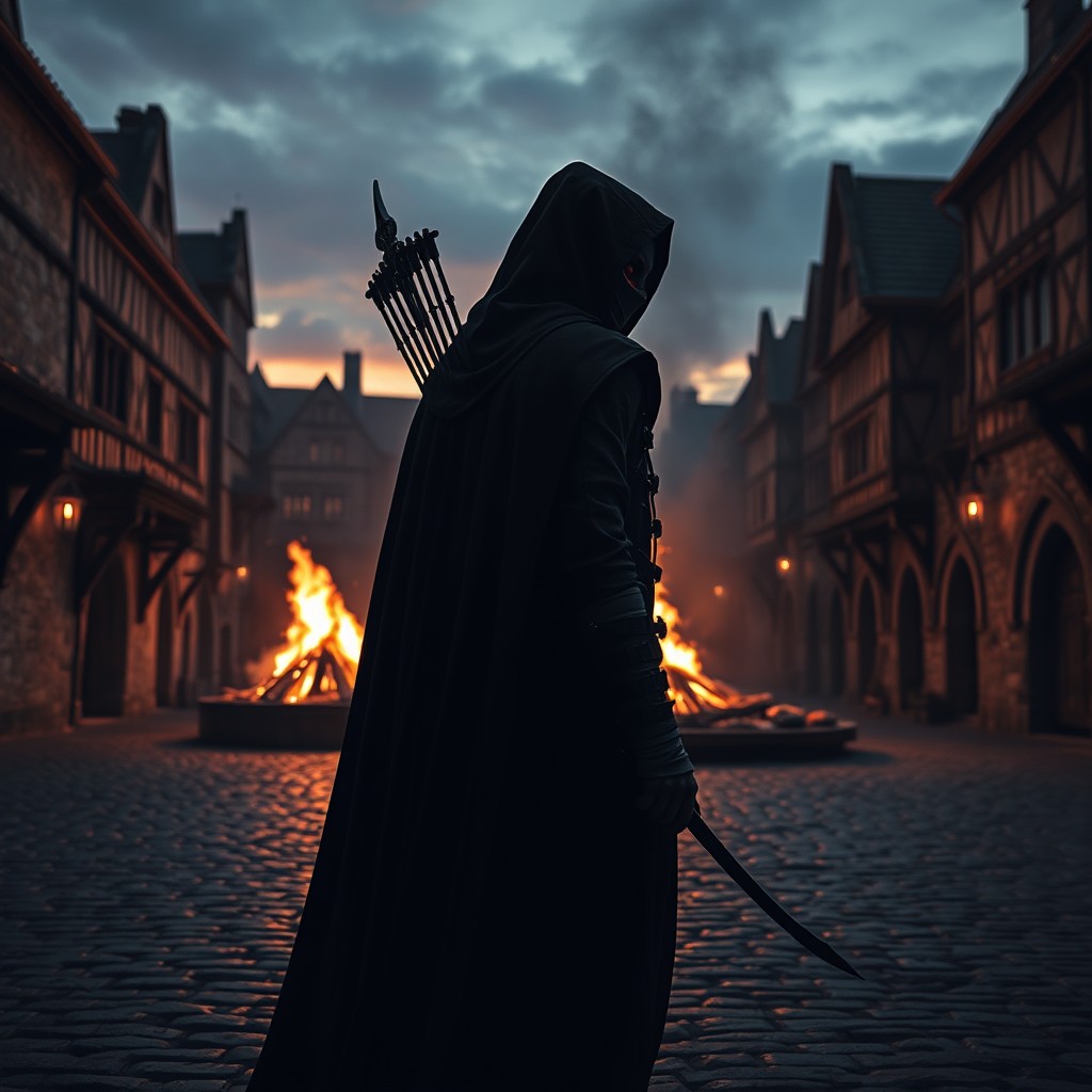 A mysterious archer in a black mask with red highlights, dressed in a long black hooded cloak, walking away from a medieval square where a giant bonfire burns in the center