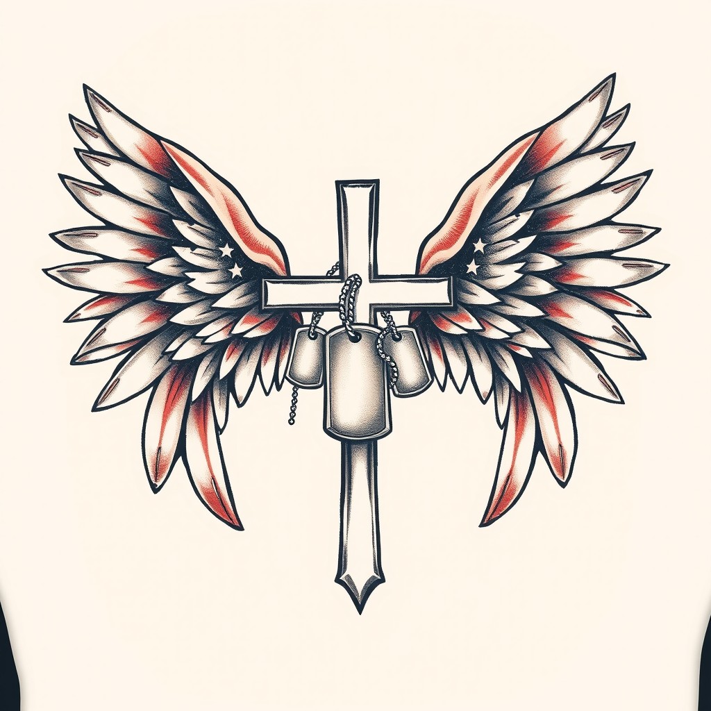 An illustrative tattoo design featuring a pair of stylized, slightly spread wings flanking a central cross