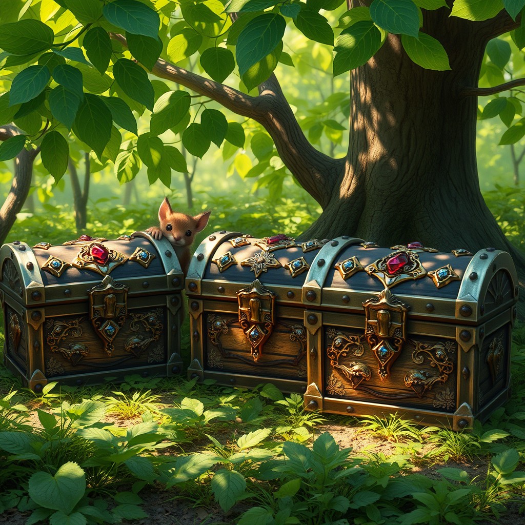 Five treasure chests, ornate and richly decorated, placed in a lush, green forest setting