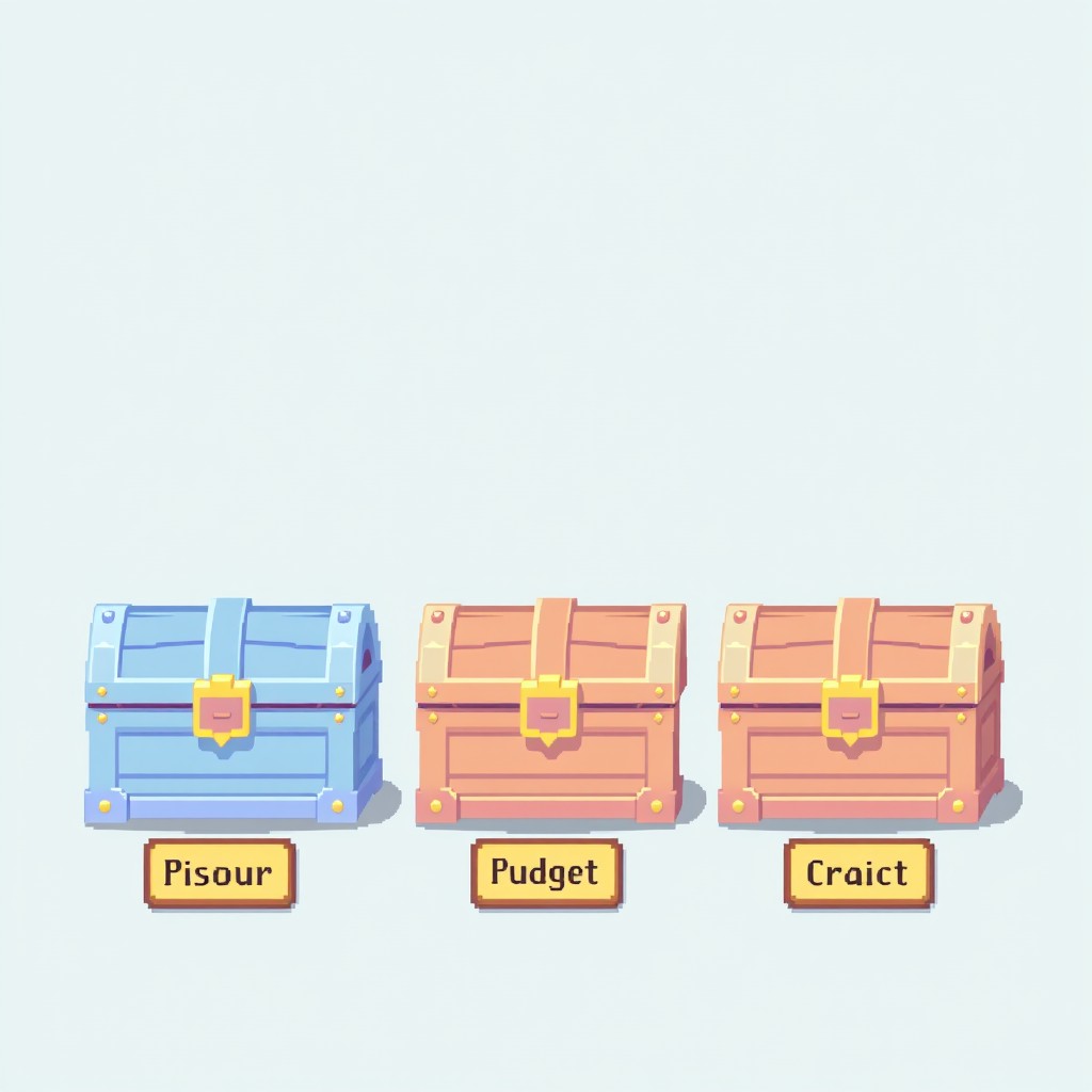 Five treasure chests lined up in a row, each with a small sign underneath it
