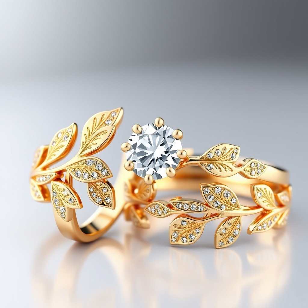 A beautiful engagement ring set featuring two rings intricately designed with golden leaves, adorned with tiny sparkling stones surrounding a stunning round-cut diamond at the center of the main ring