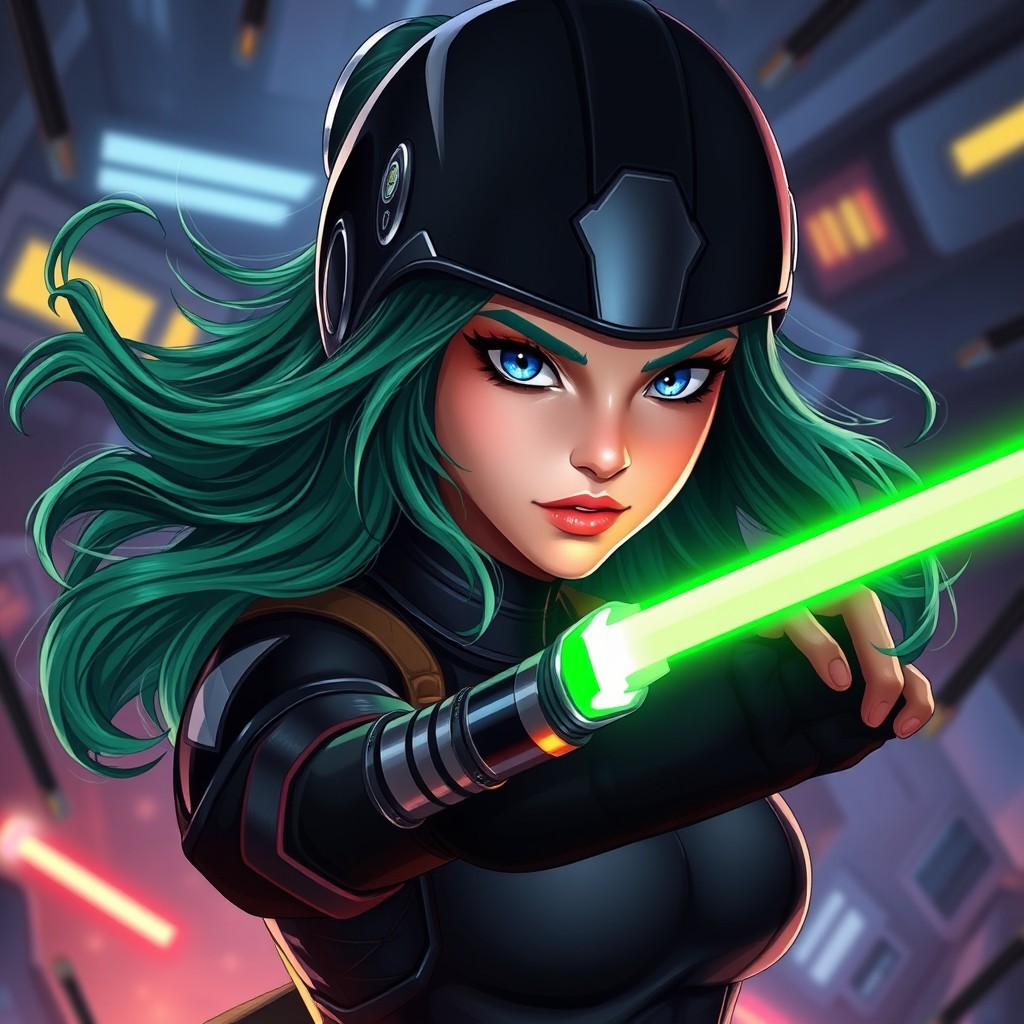 A fierce and adventurous 26-year-old female character with vibrant dark green hair that flows elegantly, embodying her strong personality