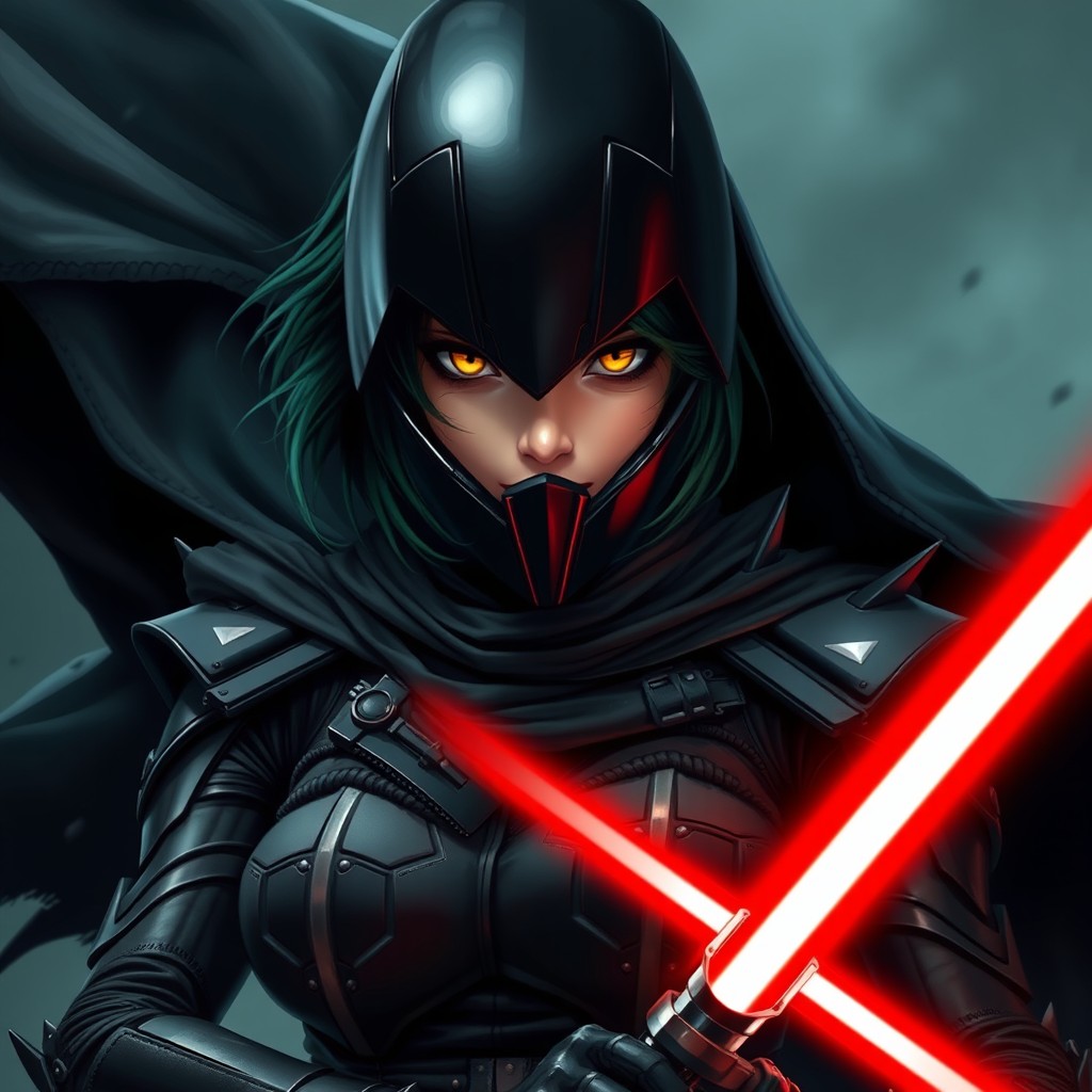 An imposing character featuring dark green hair partially hidden under a sleek black helmet that obscures her face, adding a mysterious aura
