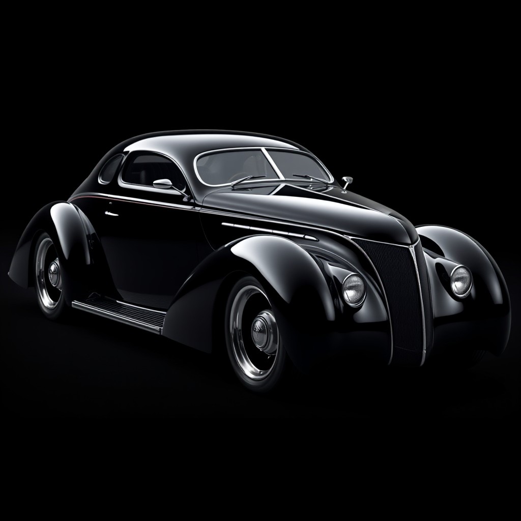 A modernized version of the iconic 1938 Phantom Corsair, showcasing its fluid silhouette and avant-garde design inspired by an airplane, enhanced with modern upgrades