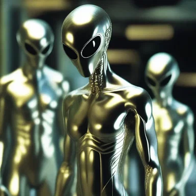 In the science fiction novel, the alien beings were described as having metallic skin, clad in form-fitting suits.