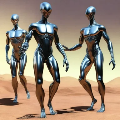 In the science fiction novel, the alien beings were described as having metallic skin, clad in form-fitting suits.