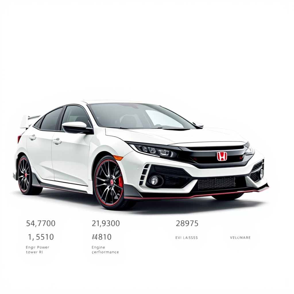 A stunning white Honda Civic Type R showcased against a completely white background, highlighting its sporty design and aggressive stance