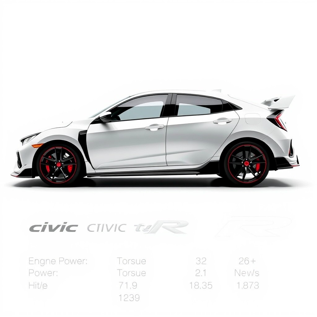A sleek profile view of a white Honda Civic Type R against a pure white background, showcasing its aerodynamic design and athletic stance
