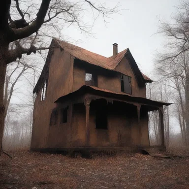 The haunted house was clad in rusting iron sheets, creating an eerie and foreboding atmosphere.