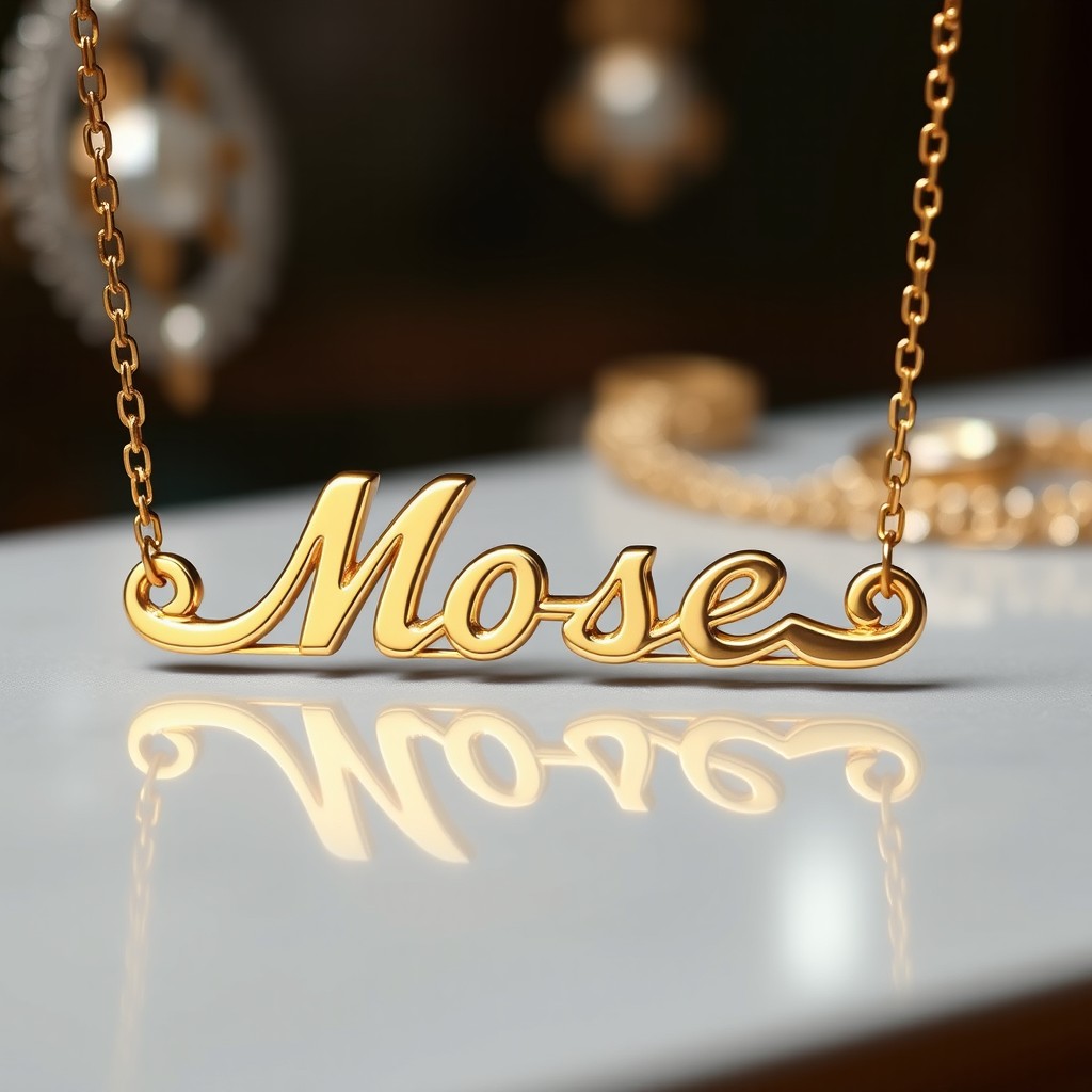 A beautifully crafted name plate necklace featuring the name 'Moses', designed in elegant cursive lettering