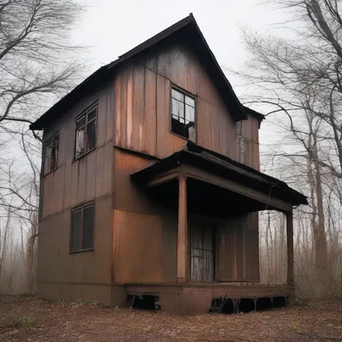 The haunted house was clad in rusting iron sheets, creating an eerie and foreboding atmosphere.