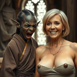 In a medieval room, a very petite and emaciated 25-year-old Black dwarf woman is portrayed with a dramatic expression