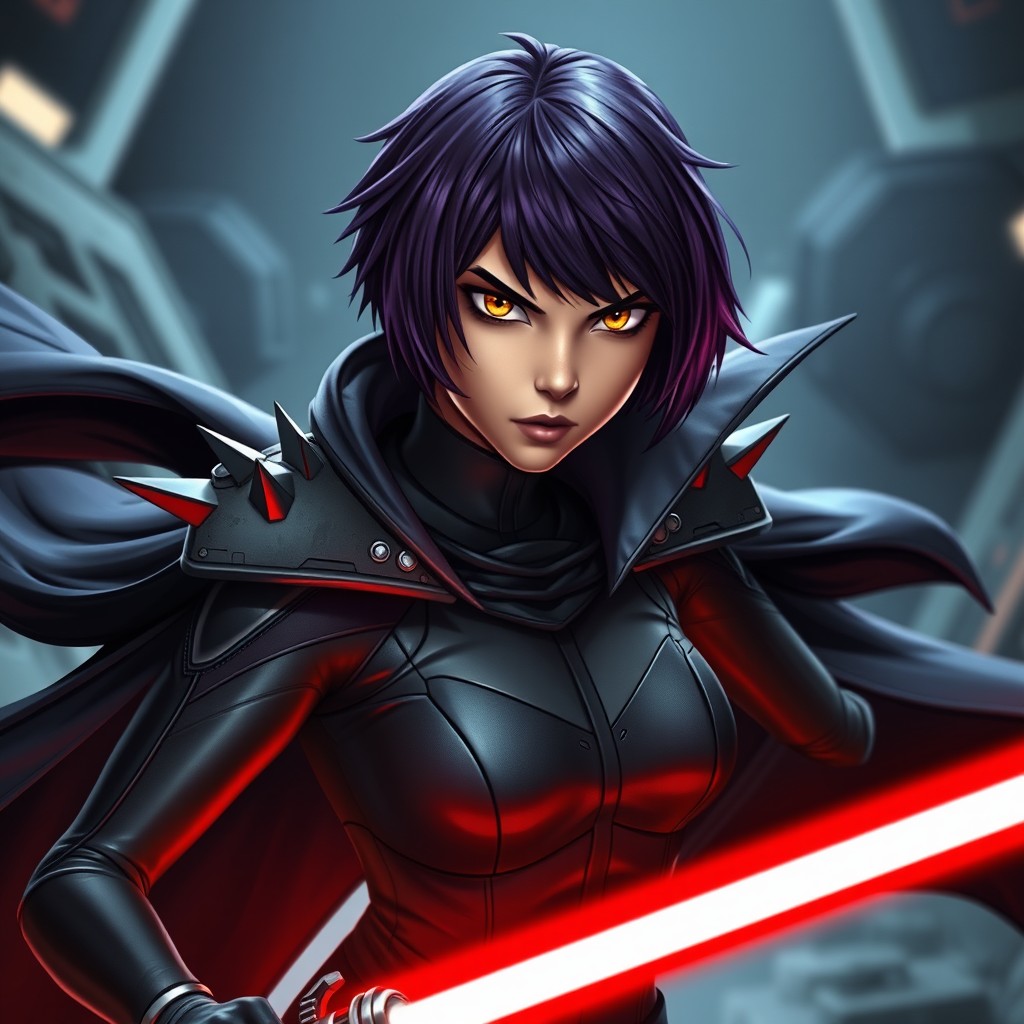 A striking character with short, dark purple hair that frames her face, accentuating her fierce expression