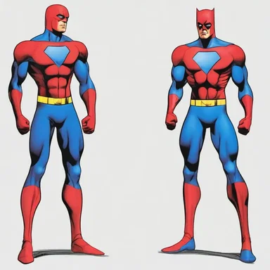 The superhero's iconic costume was clad in a vibrant red and blue spandex, symbolizing justice and strength.