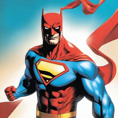 The superhero's iconic costume was clad in a vibrant red and blue spandex, symbolizing justice and strength.