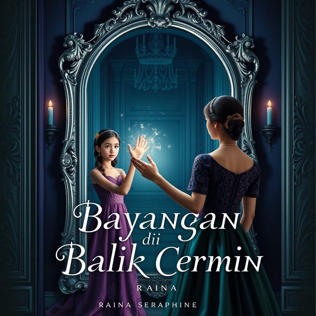 A captivating book cover for 'Bayangan di Balik Cermin', featuring a young woman in an elegant, opulent gown standing in front of a large, ornate silver-framed antique mirror