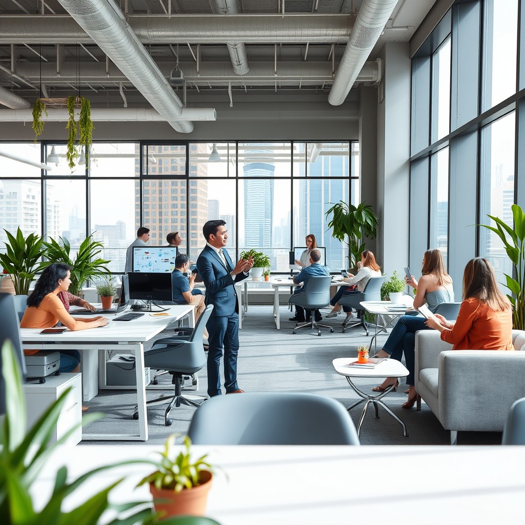A modern office environment featuring sleek desks, large windows with a city view, and a stylish conference room