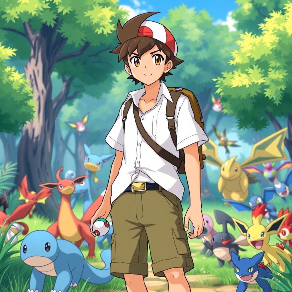 A Pokemon trainer with brown hair and brown eyes, wearing a stylish white shirt and comfortable olive green shorts